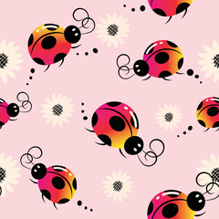 Seamless pattern of ladybugs  and flower 