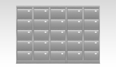 File cabinet with drawers for documents. Office card catalog with closed metal boxes, data archive storage for folder files. Business administration, docs management Realistic 3d vector illustration