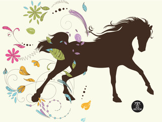 Obraz na płótnie Canvas running horse silhouette with flower fly on the wind background