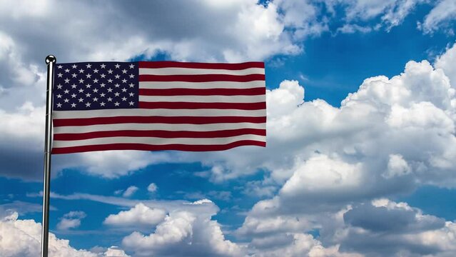 Seamless looping American Flag waving in the wind with background timelapse of the movement of white clouds on a blue sky