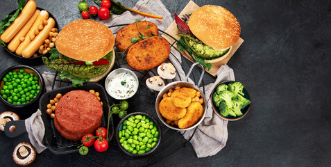 Variety of plant based meat, food.