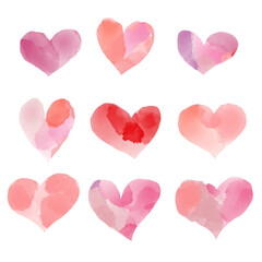 Set of hand painted watercolor hearts isolated on white background. Wedding or Valentine day template.