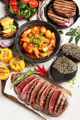Meat dishes. Plates of various meat