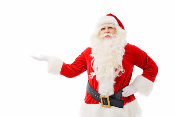 Santa Claus points hand to a place for an inscription on a white background.