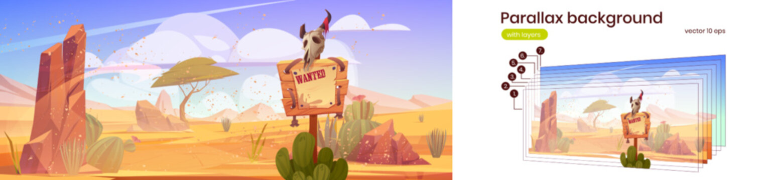 Parallax background sand storm in wild west desert landscape with wanted sign or banner, rocks, tree and cacti separated layers. Cartoon sidescroller template for western game, Vector illustration