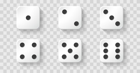 Realistic game dice cubes from one to six dots. Gambling objects to play in casino, poker. Six faces of cube with rounded edges. Traditional die with faces marked with numbers of dots from 1 to 6.