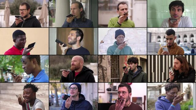 Handsome young men using voice assistant on mobile phone 