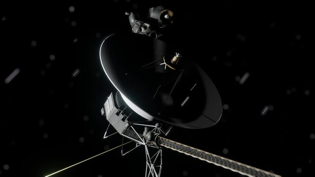 3D Animation of the Voyager space probe traveling through space with particles and dramatic lighting