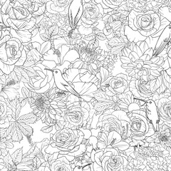 vector drawing natural background with hummingbirds and flowers, black and white seamless pattern, hand drawn illustration