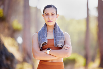 Woman portrait, fitness and serious face outdoor ready for training, exercise and running sport....