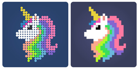 8-bit of colorful unicorn pixels. Fairytale animals for retro games and bead patterns in vector illustrations.