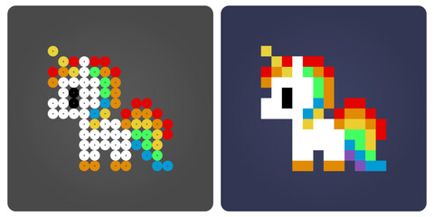 8-bit of colorful unicorn pixels. Fairytale animals for retro games and bead patterns in vector illustrations.