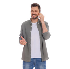 Man talking on phone against white background