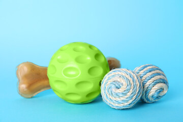 Pet toys and dog treat on light blue background