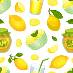 Fresh lemons seamless pattern. Eco organic vegetarian product repeating print for wallpaper, wrapping paper, textile, package design cartoon vector