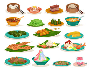 Traditional Malaysian Cuisine Dishes and Food Served on Plate Big Vector Set