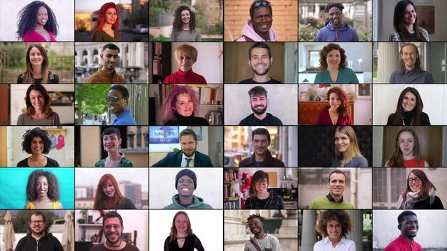 Collage of multi-ethnic diverse women and men looking and smiling at the camera