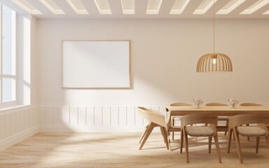 Mockup picture frame on the wall interior dining room style scandinavian and bohemian.3d rendering