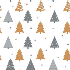 Holiday seamless pattern with gray and gold Christmas Trees and stars
