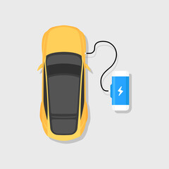 Yellow electric car charging at the charger station. Top view of an EV car charging on white background. vector
