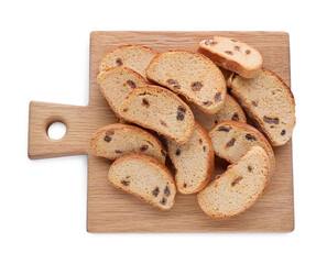 Sweet hard chuck crackers with raisins on white background, top view