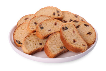Plate of sweet hard chuck crackers with raisins on white background