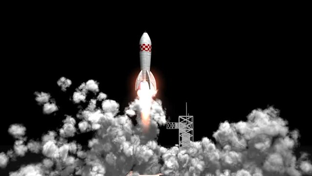 Animation Of Space Shuttle Rocket Launch Blast Off From Launch Pad And Flying Over Cloud In Sky