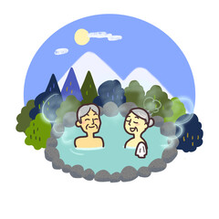 冬山と月とリラックスして露天風呂に入るシニア夫婦