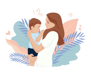 Vector illustration of a mother holding her son in her arms. Happy Mother s Day greeting card.