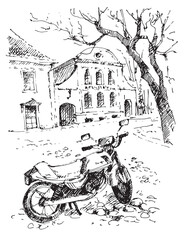 Old town street in hand drawn sketch style. European city street with motorcycle. Hand drawn sketch illustration in vector.