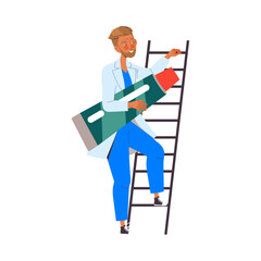 Bearded Man Doctor or Practitioner in Uniform with Tube Climbing Ladder Vector Illustration