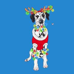 dog dalmatian illustration, new year artwork, christmas sketch, puppy with garlands in santa costume, reindeer headband, digital drawing