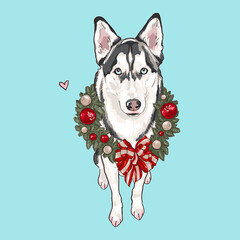 dog siberian husky illustration, new year artwork, christmas sketch, puppy in a wreath, digital drawing