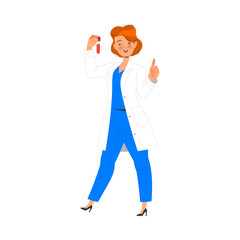 Redhead Woman Doctor or Practitioner in Uniform with Blood Flask Showing Thumb Up and Smiling Vector Illustration