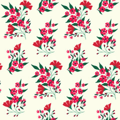 Seamless floral pattern, wild plants in rustic style. Romantic ditsy decor, beautiful flower print: small red flowers, branches, leaves in bouquets on a white background. Vector botanical illustration