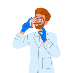 Bearded Man Doctor or Practitioner in Uniform with Blood Flask Showing Ok Gesture and Smiling Vector Illustration