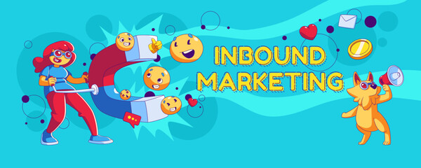 Naklejka na ściany i meble Inbound marketing banner. Concept of business strategy for attract and retention customers. Woman with big magnet and dog with megaphone, vector illustration in contemporary style