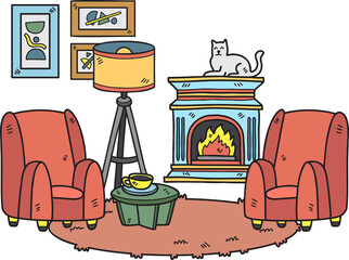 Obraz premium Hand Drawn Fireplace with cats and sofa interior room illustration