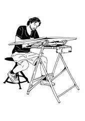 Fototapeta na wymiar man sitting and drawing drawing table hand drawn illustration