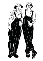 two men holding coffee mugs walking together
hand drawn art illustration