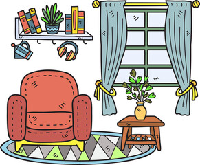 Hand Drawn sofa and window interior room illustration