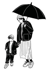 mother and child walking mother holding an umbrella
roadside hand drawn illustration