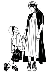 mother and child walking
roadside hand drawn illustration