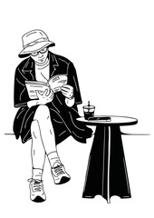 Obraz premium man drinking coffee at coffee shop People life line art illustration