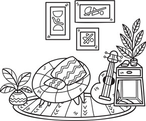 Hand Drawn Armchair with guitar and plant interior room illustration