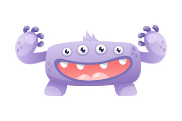 Funny Purple Monster with Many Eyes and Open Mouth Vector Illustration