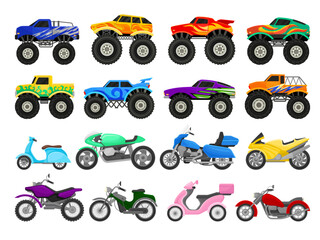 Monster Truck as Race Car with Large Tires and Motorcycle Big Vector Set