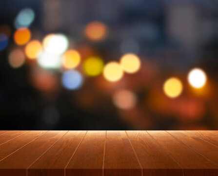 bokeh background over perspective wooden board