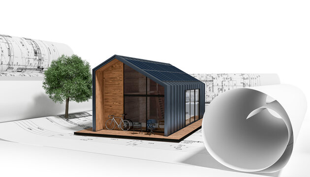 Modernes Einfamilien/Ferien-Haus mit Solarmodulen - 3D Visualisierung