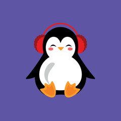 Cute cartoon penguin with headphones icon, vector illustration.